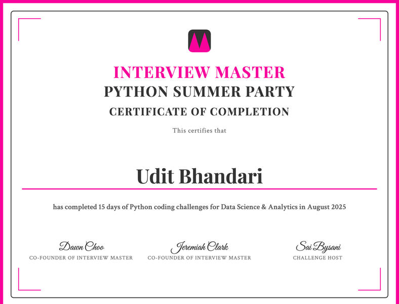 Solved real-world data challenges in a 15-Day Python Challenge. Tackled problems across multiple domains, leveraged advanced data wrangling, data analysis and problem-solving skills in Python and Pandas.
